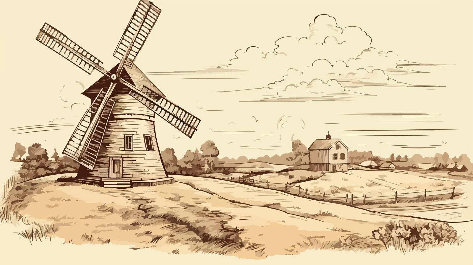 Rural Mill Scene Sketch — free download from Dotvec
