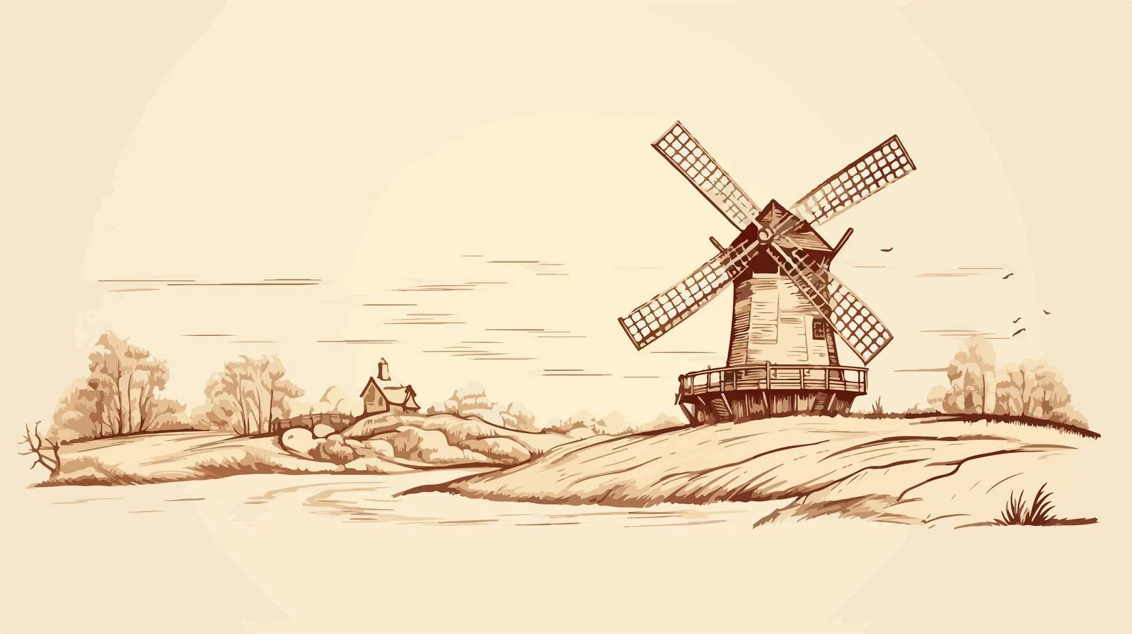 Serene Countryside Mill Sketch — free download from Dotvec