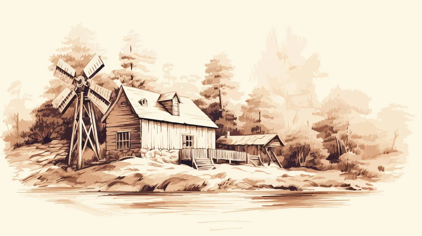 Serene Countryside Mill Sketch — free download from Dotvec