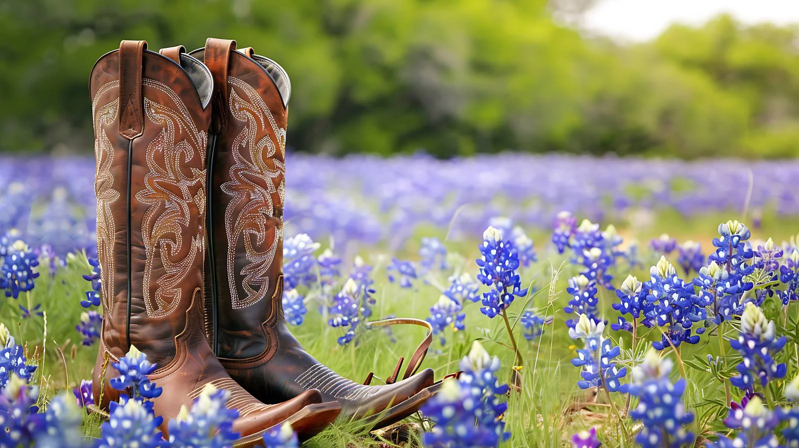 Traditional Cowboy Boots With Spurs Amid Texas Wildflowers — free download from Dotvec