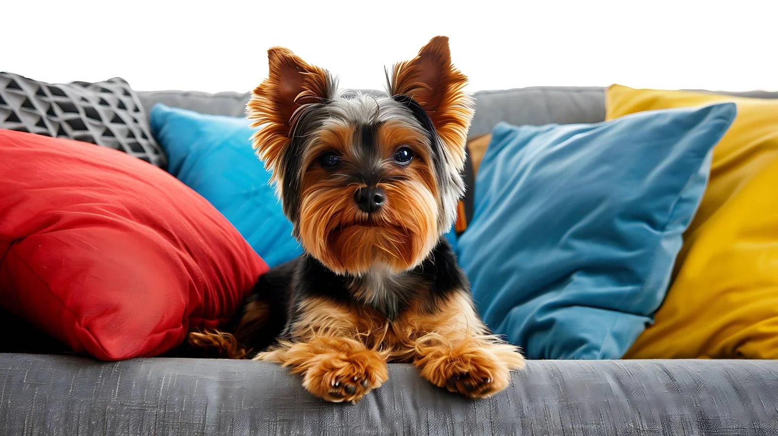 Adorable Yorkshire Terrier Rests on Sofa with Cushions — free download from Dotvec
