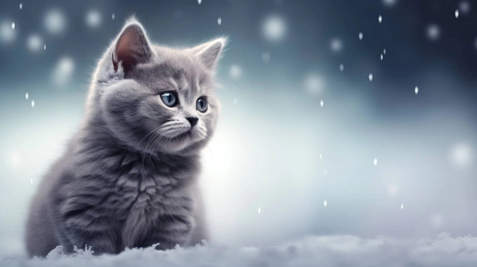 Adorable Gray Kitten Amid Snowy Forest Lights — free download from Dotvec