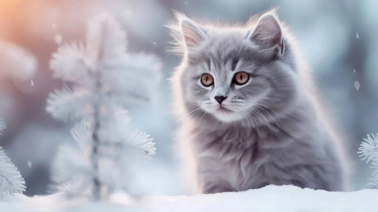 Adorable Gray Kitten in Snowy Enchanted Forest — free download from Dotvec