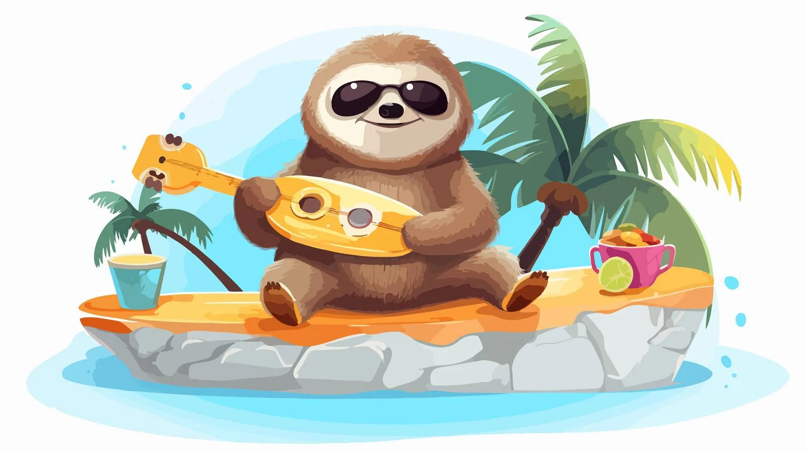 Adorable sloth surfer holding surfboard joyfully — free download from Dotvec