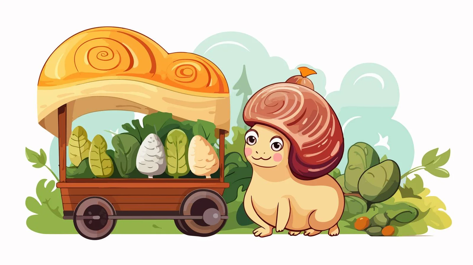 Adorable snail selling fresh produce at market — free download from Dotvec