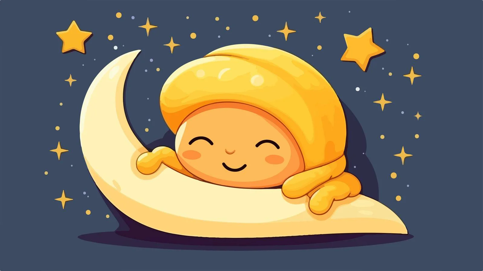 Adorable yellow crescent moon napping in cap with fluffy ball — free download from Dotvec