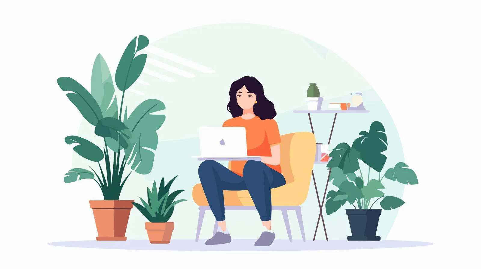 Elegant young lady on cozy seat with laptop — free download from Dotvec