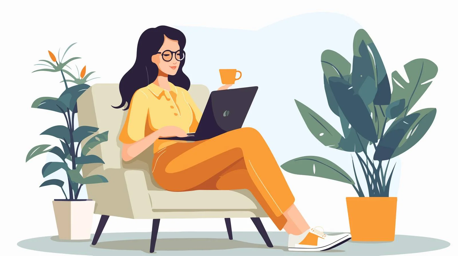 Stylish young woman on cozy chair with laptop — free download from Dotvec