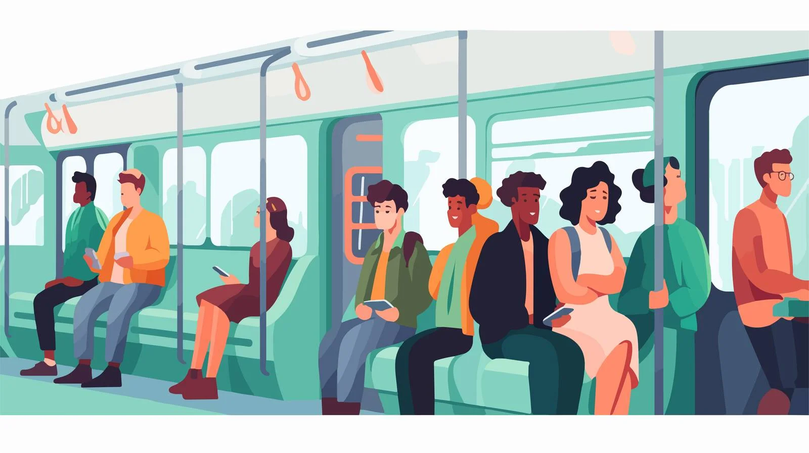 Diverse cartoon characters using public transportation — free download from Dotvec