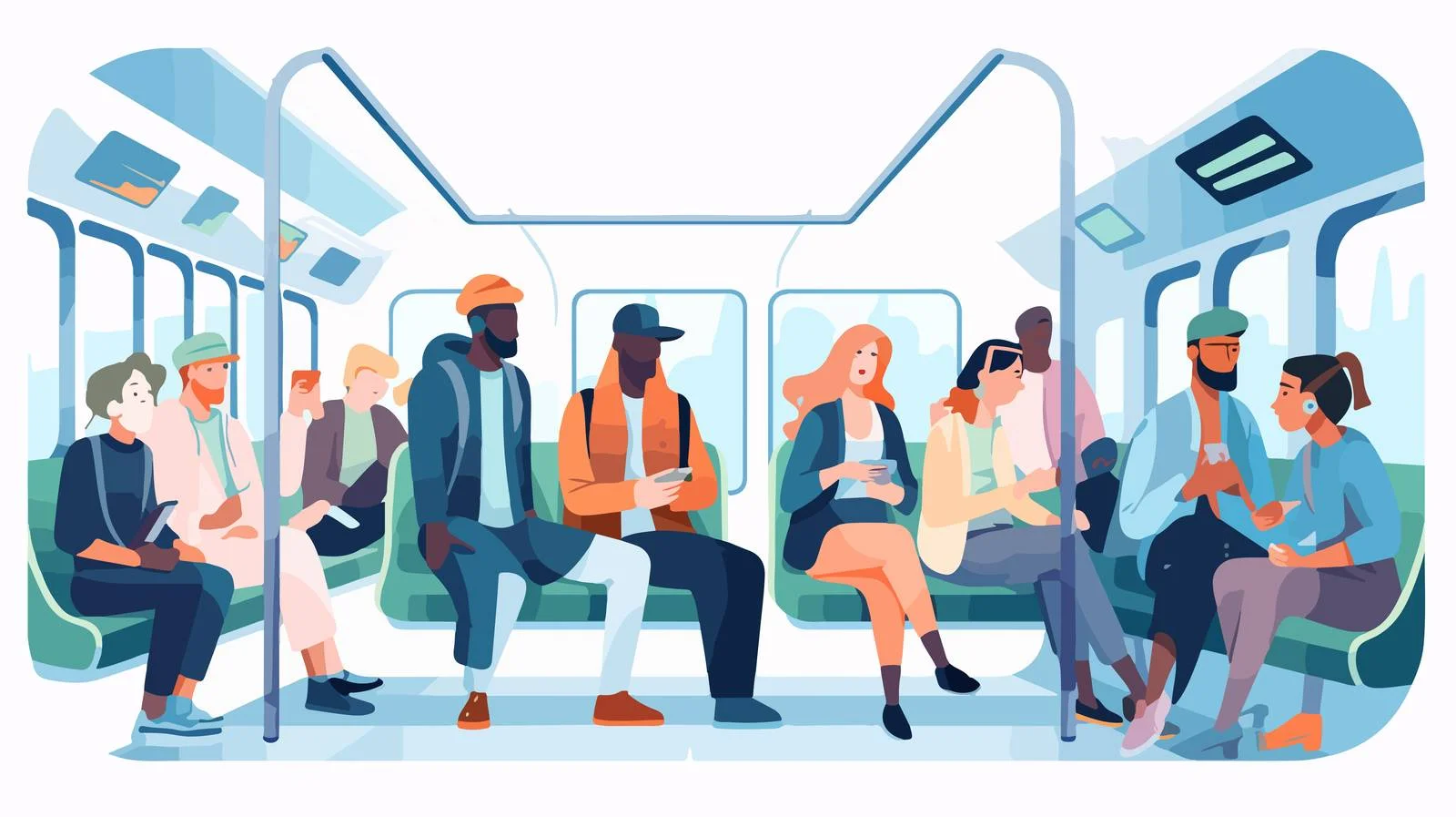 Diverse cartoon characters using public transportation — free download from Dotvec