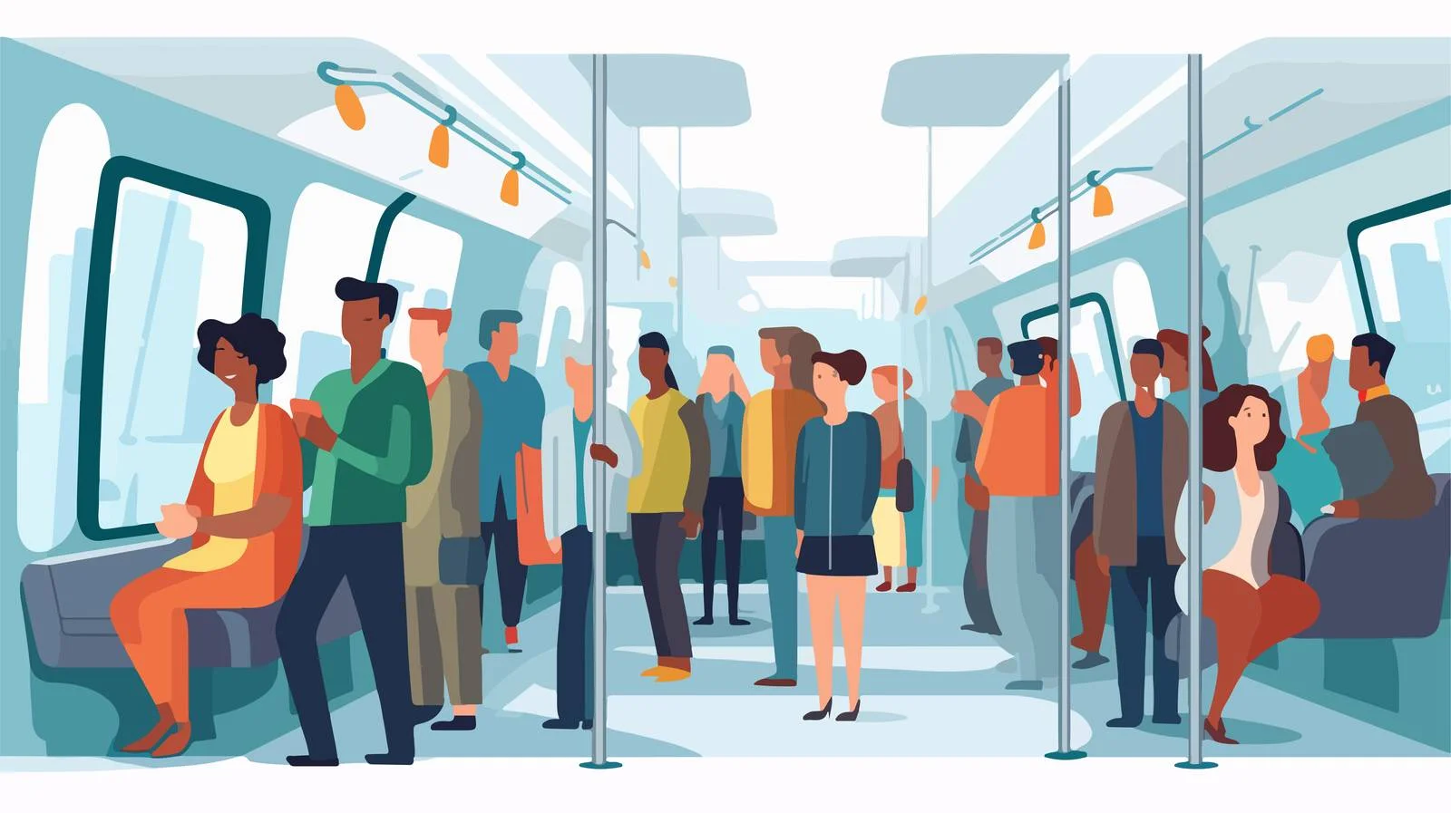 Diverse cartoon characters commuting via public transportation — free download from Dotvec