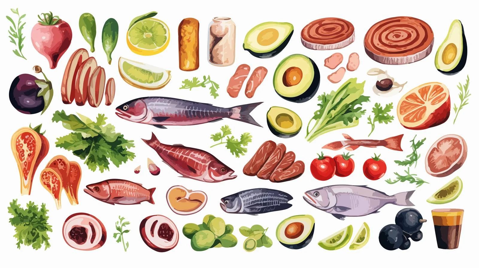 Variety of Food Groups: Meat, Seafood, Fruits — free download from Dotvec