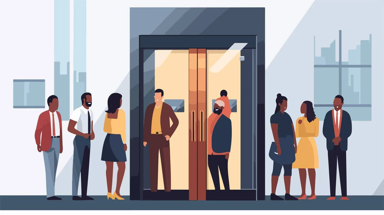 Diverse group in elevator with open door — free download from Dotvec