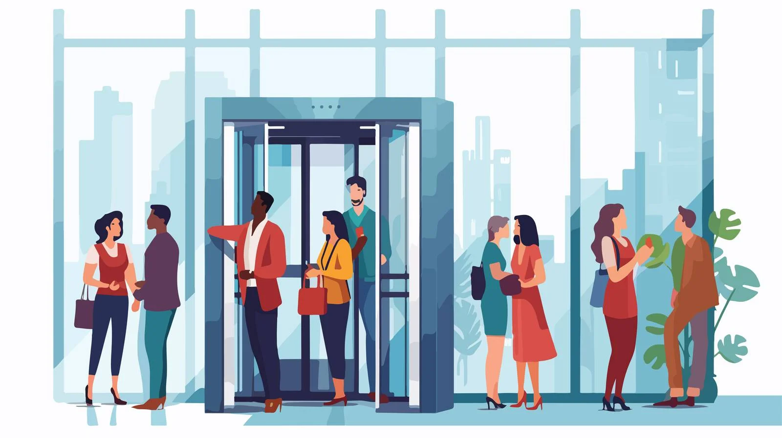 Diverse group in open elevator doorway — free download from Dotvec