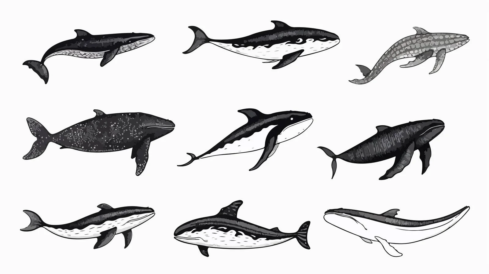 Whimsical whale collection. Artistic doodle assortment — free download from Dotvec