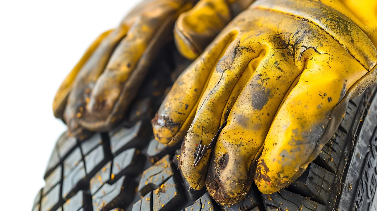 Mechanic's soiled yellow leather gloves gripping tire — free download from Dotvec