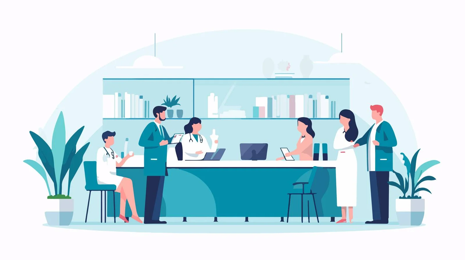 Medical consultation at clinic with patients conversing — free download from Dotvec