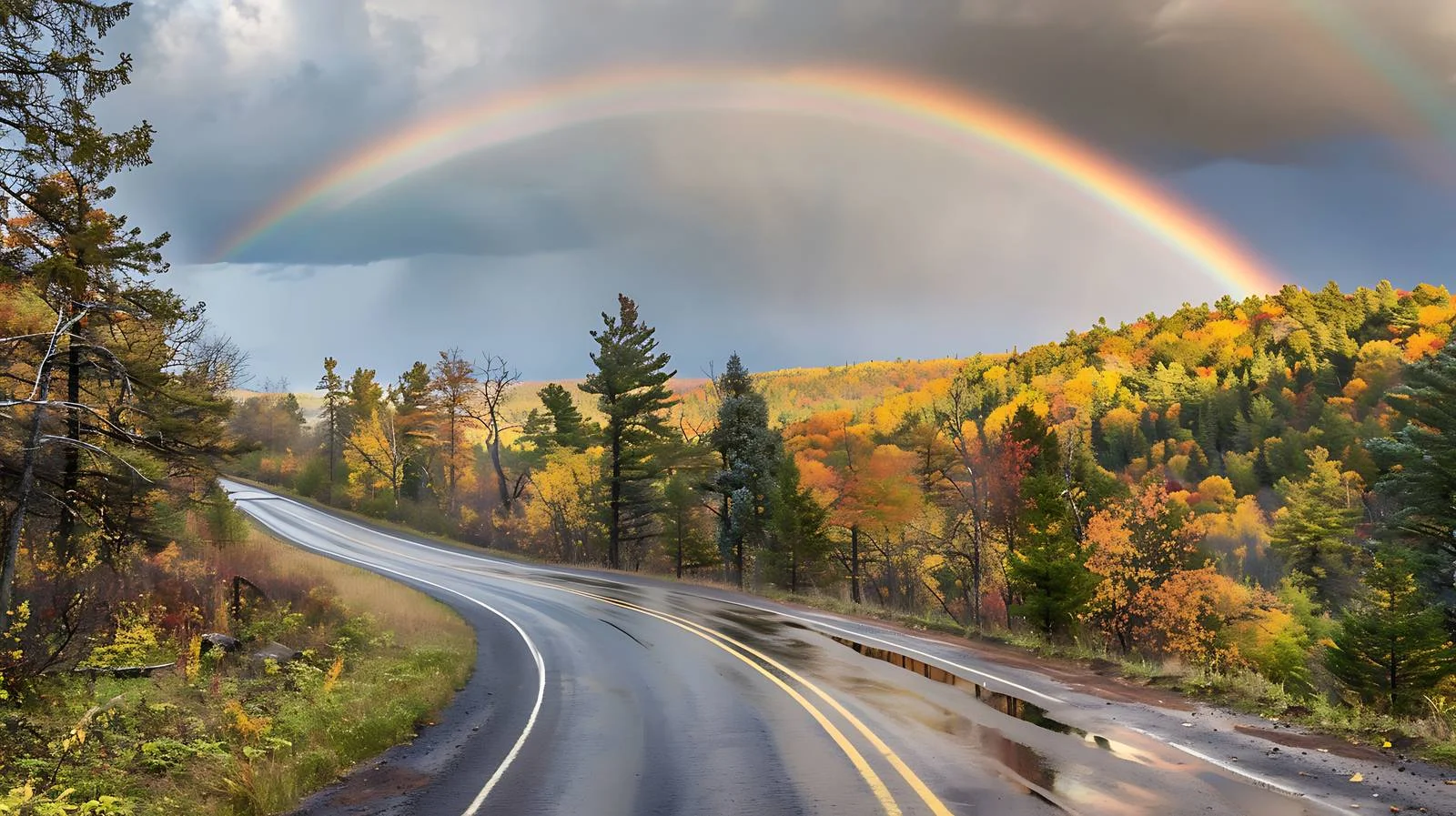 Spectacular double rainbow over winding road — free download from Dotvec