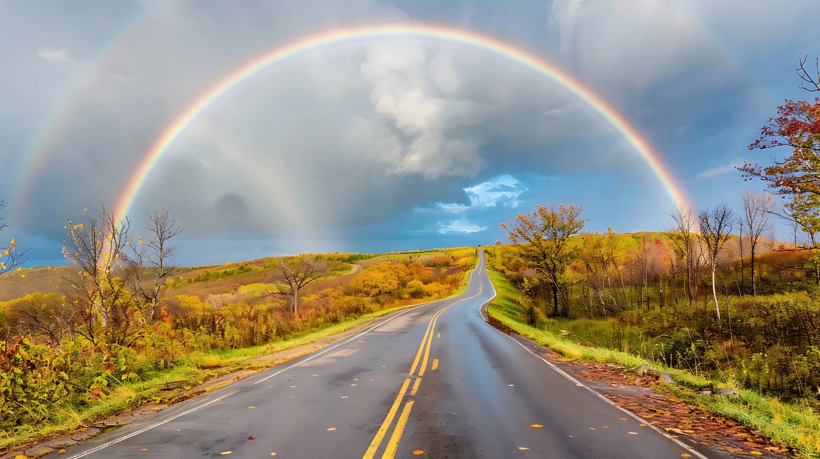 Spectacular double rainbow over winding hills road — free download from Dotvec