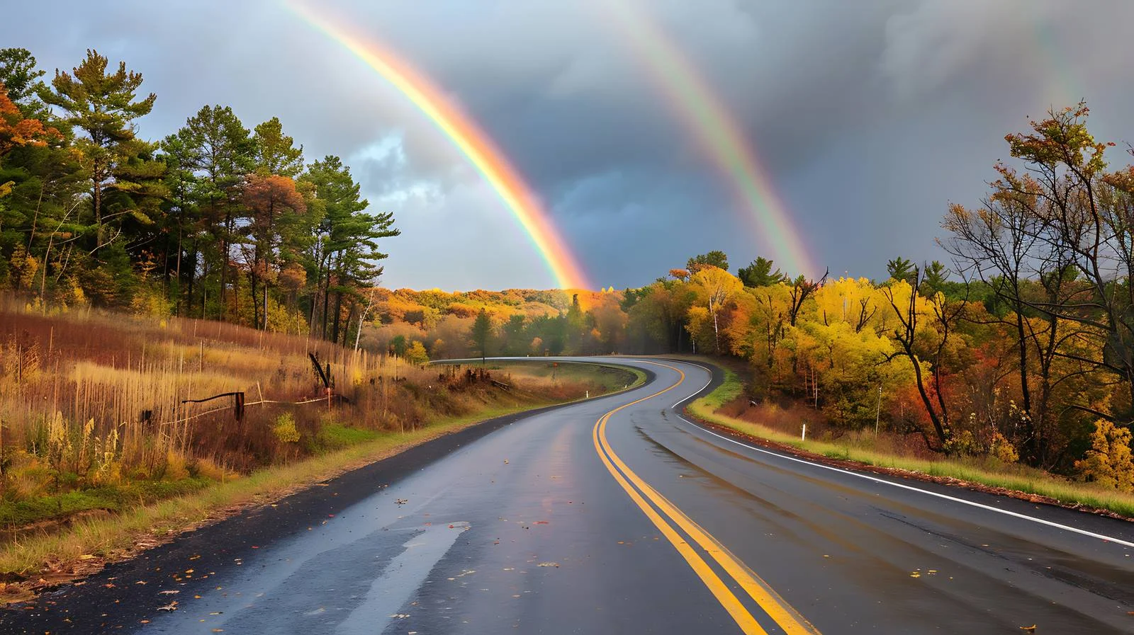 Vibrant double rainbow over winding road — free download from Dotvec