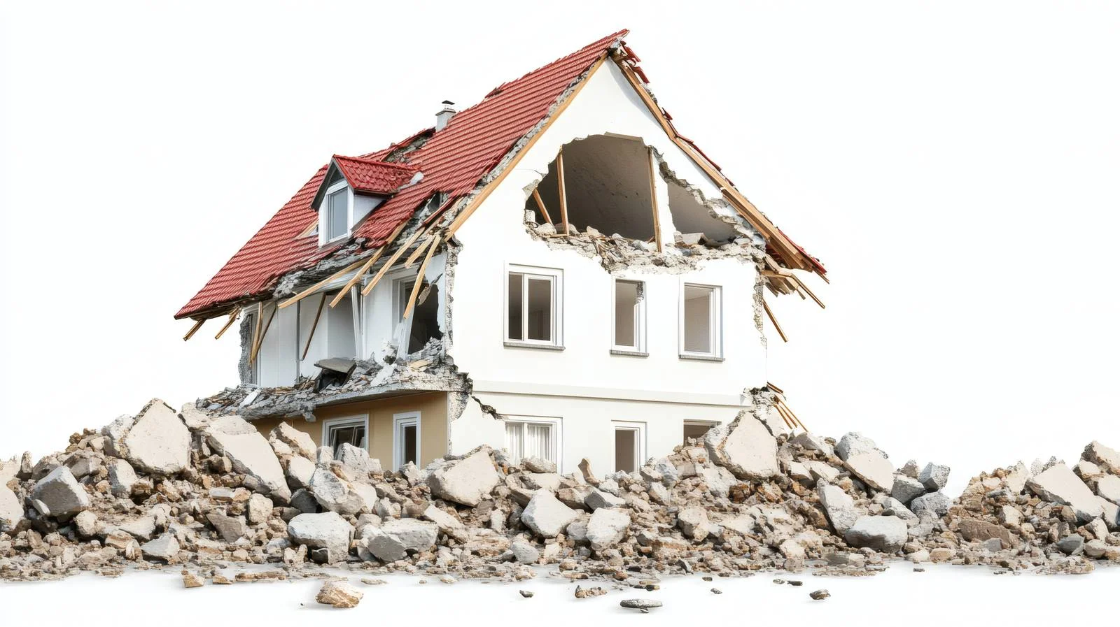 Collapsed House Post-Earthquake Amidst White Debris — free download from Dotvec