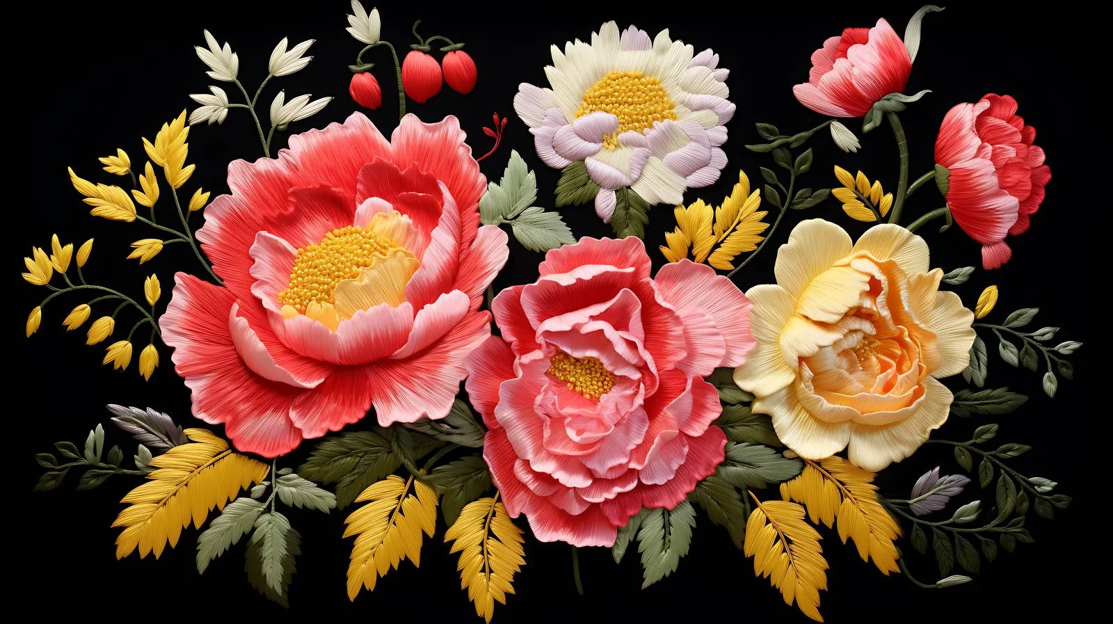 Exquisite Peony Embroidery Wild Garden Composition — free download from Dotvec