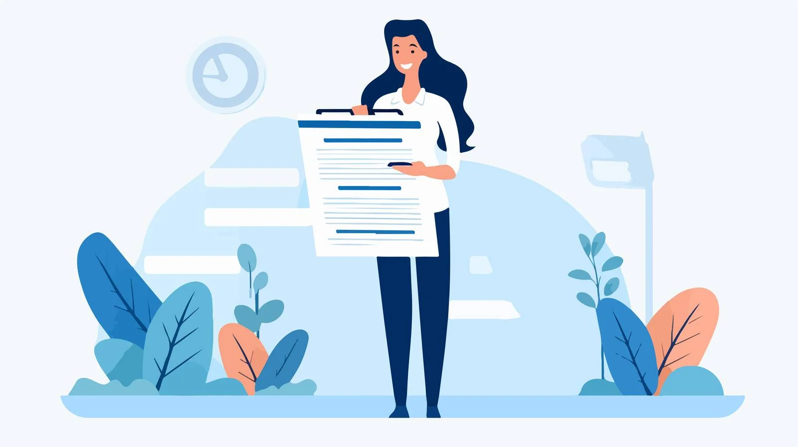 Businesswoman reviewing document on clipboard in office — free download from Dotvec