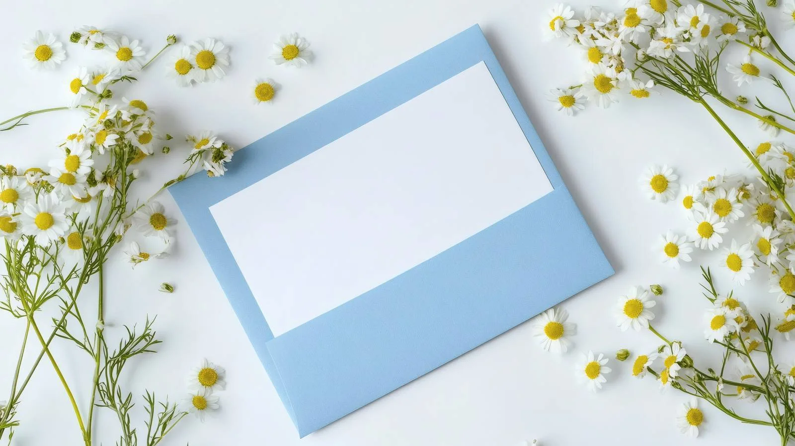 Chamomile Flowers on Blue Blank Card — free download from Dotvec