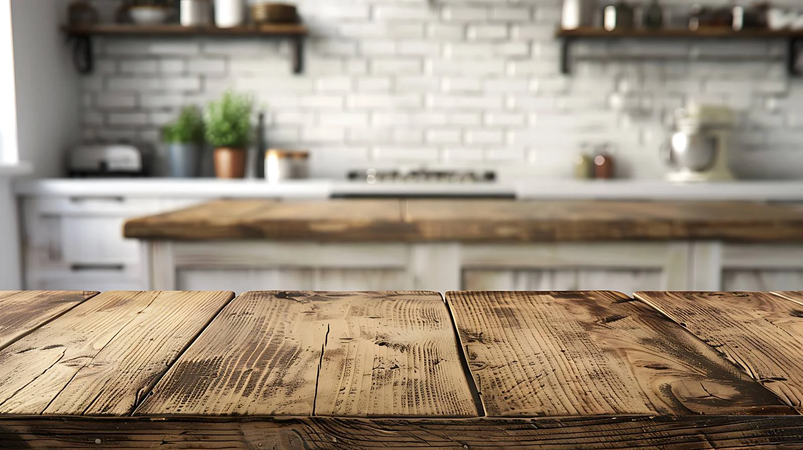 Vintage wooden table with kitchen backdrop — free download from Dotvec