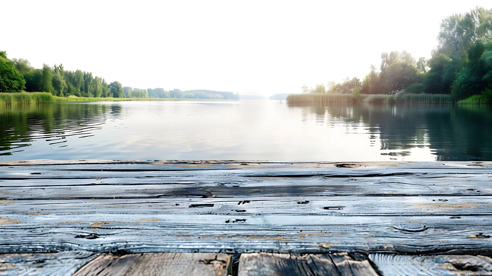 Serene lakeside setting on weathered table — free download from Dotvec