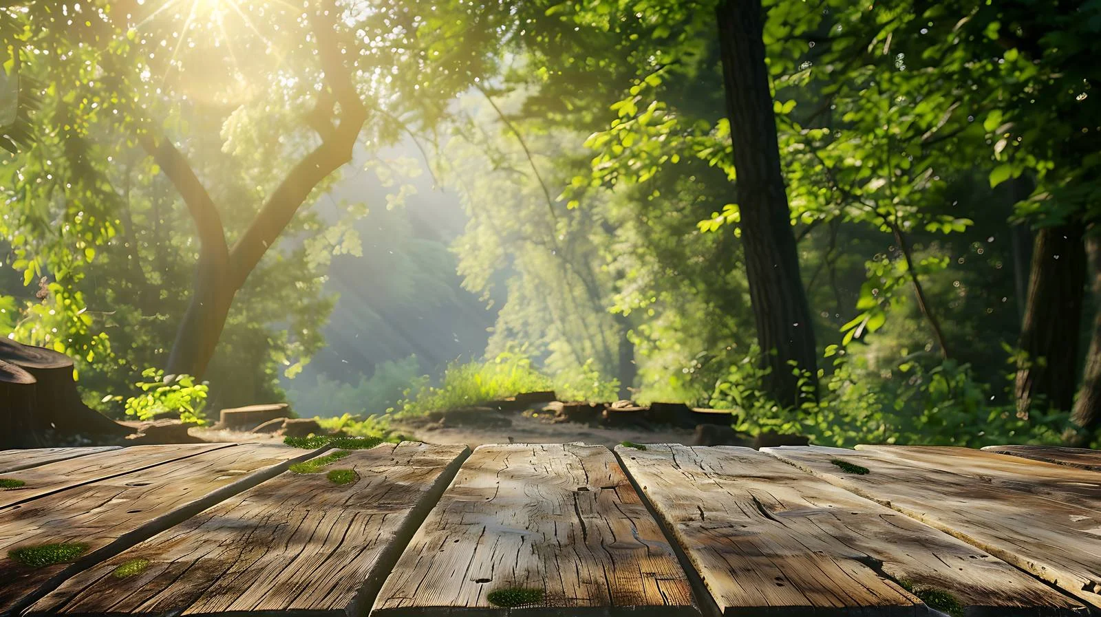 Rustic Wooden Table Surrounded by Sunlit Forest — free download from Dotvec