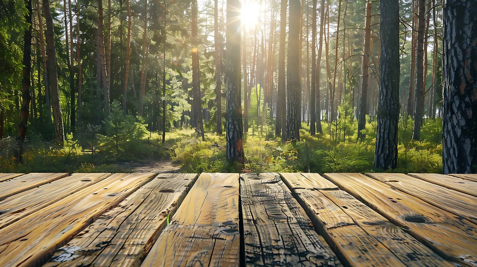 Rustic wooden table with sunlit forest backdrop — free download from Dotvec