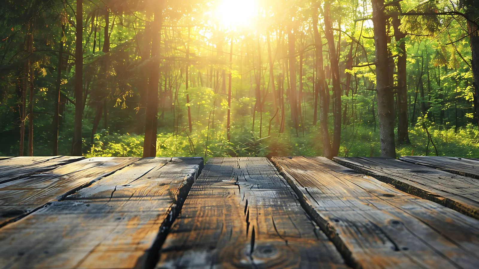 Vintage wooden table with sunny forest — free download from Dotvec