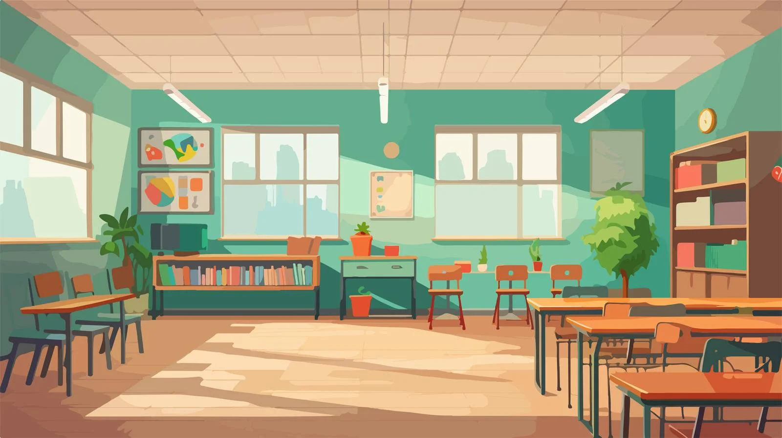 Deserted schoolroom with green chalkboard pendant — free download from Dotvec
