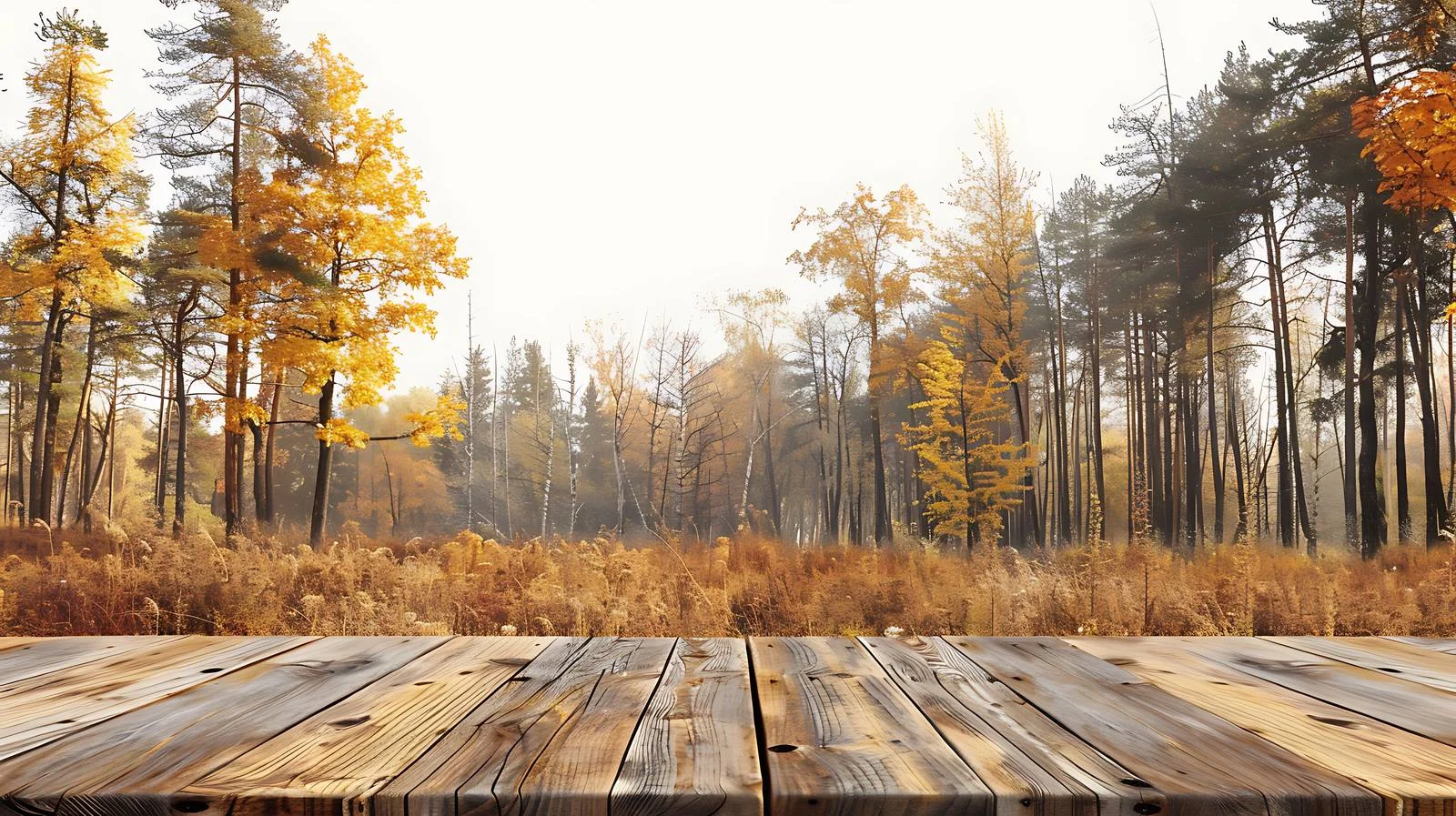 Rustic wooden table with serene forest backdrop — free download from Dotvec
