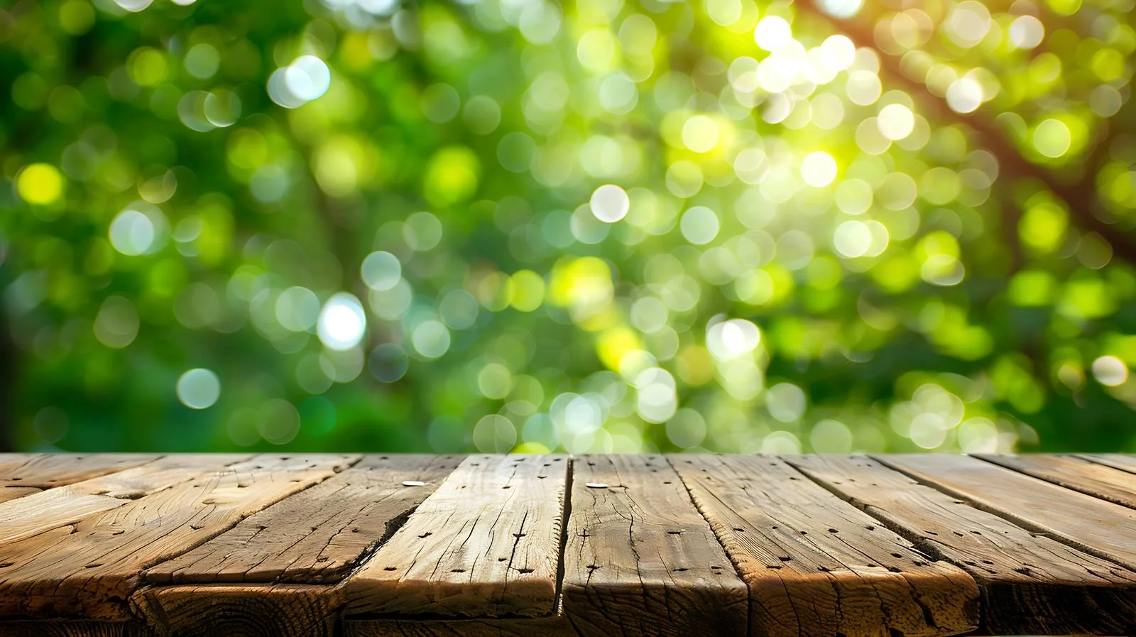Serene Wooden Table with Lush Green Bokeh — free download from Dotvec