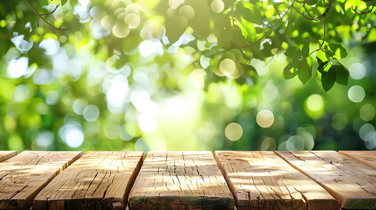 Tranquil wooden table amidst vibrant greenery — free download from Dotvec