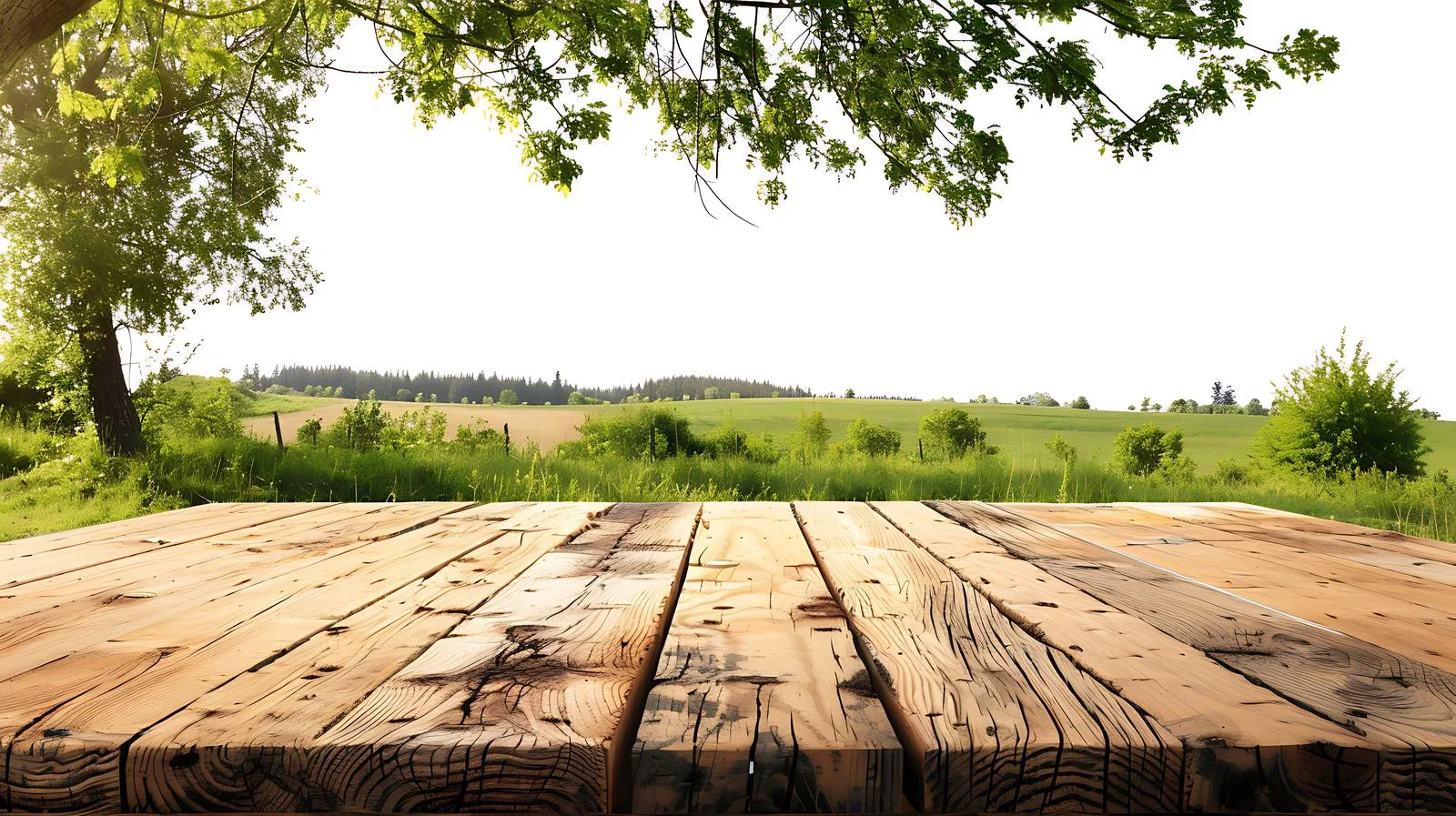 Rustic wooden table amidst summer countryside — free download from Dotvec
