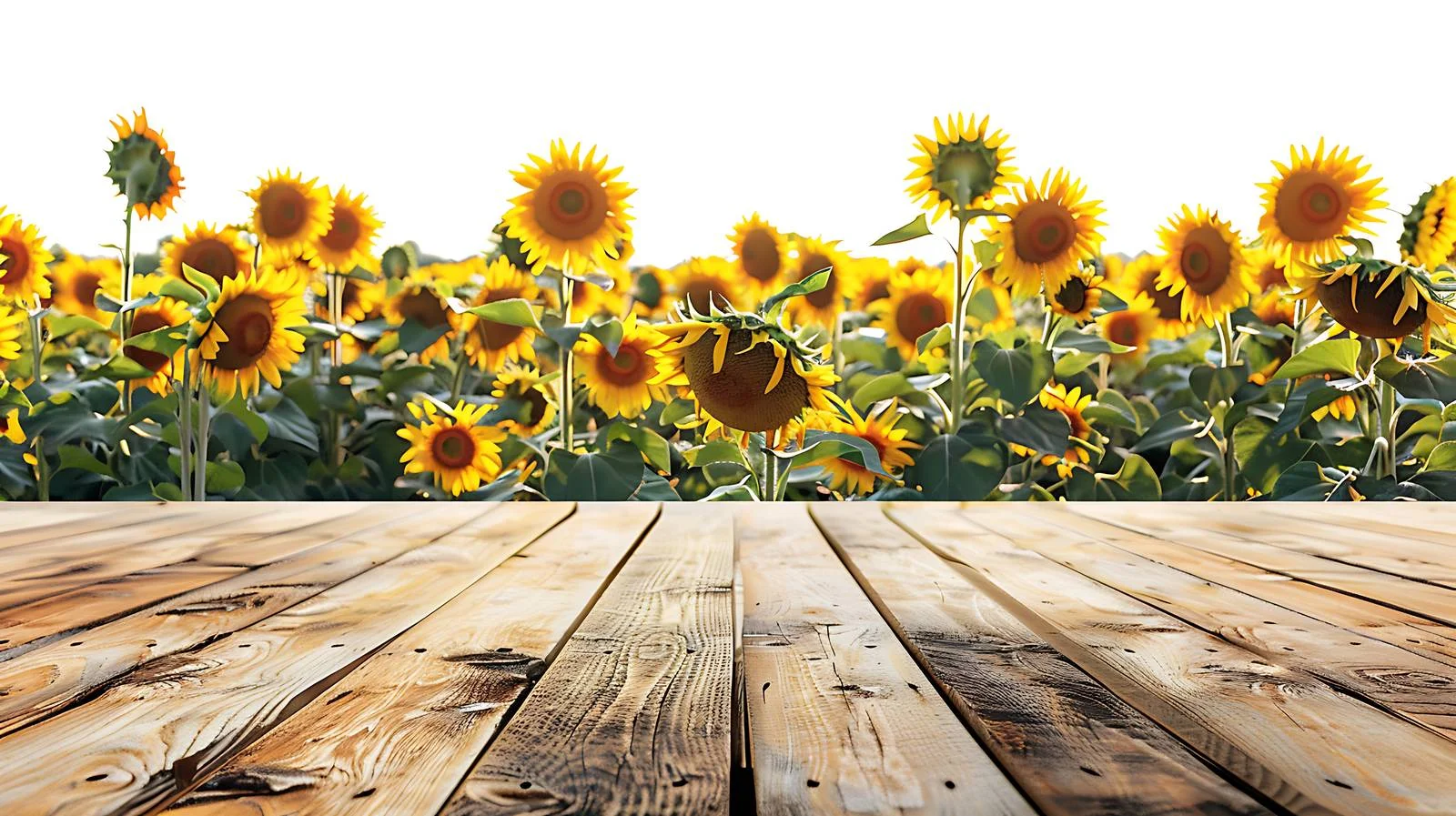 Sunflower field backdrop on empty wooden table — free download from Dotvec