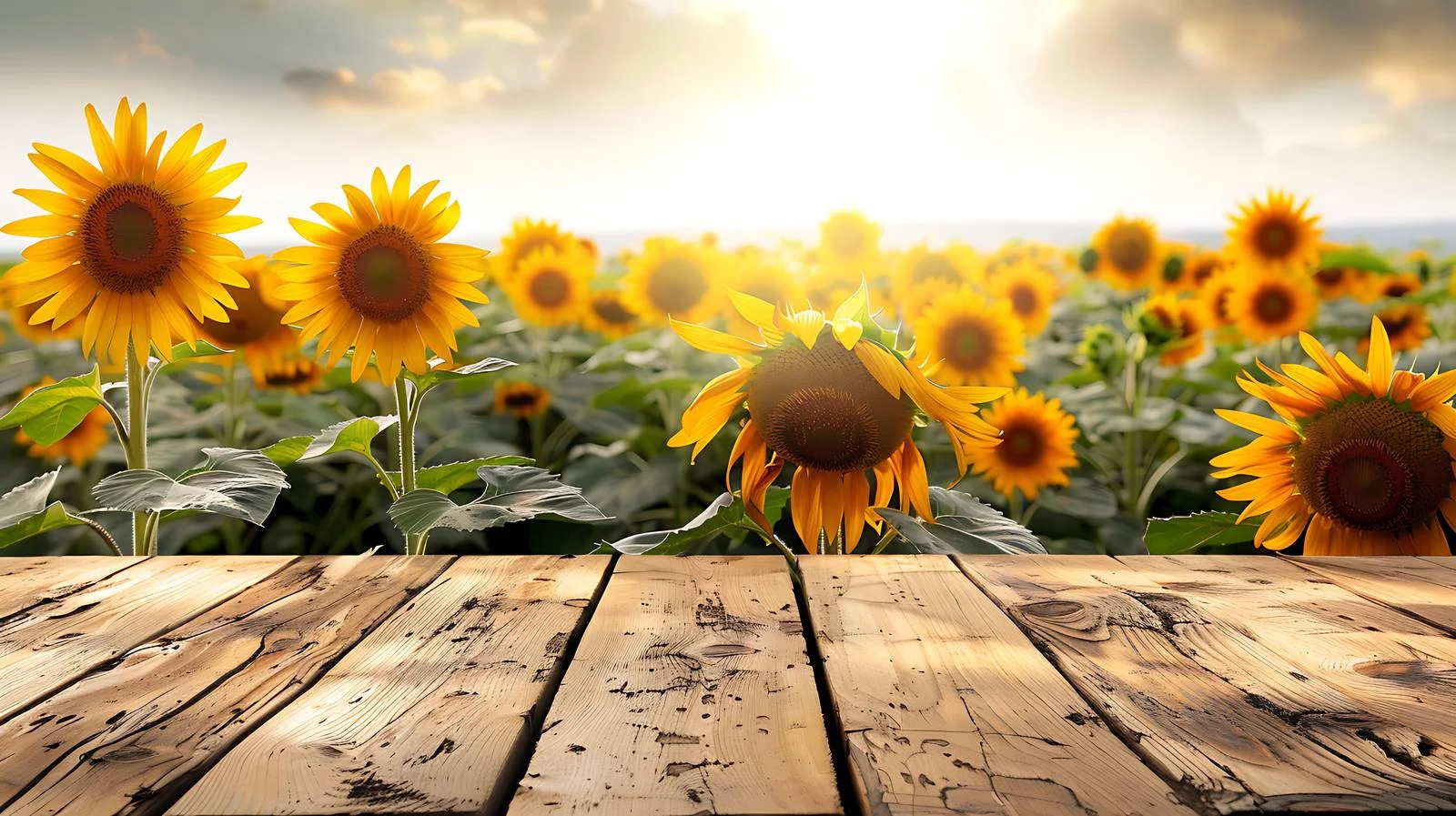 Rustic wooden table with sunflower meadow — free download from Dotvec