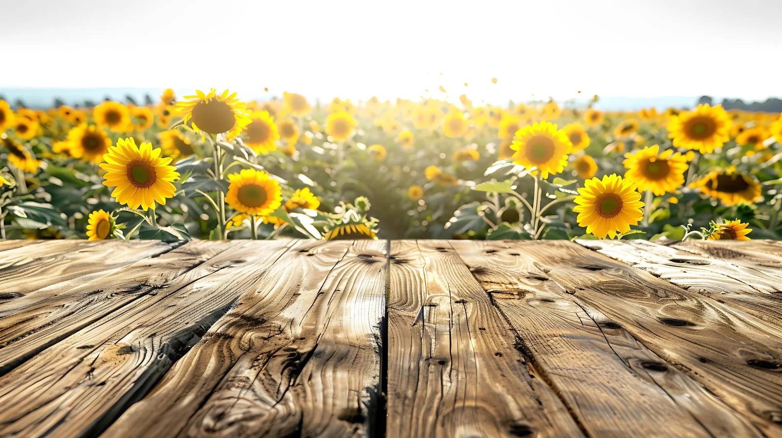 Serene Sunflower Field View on Wooden Table — free download from Dotvec