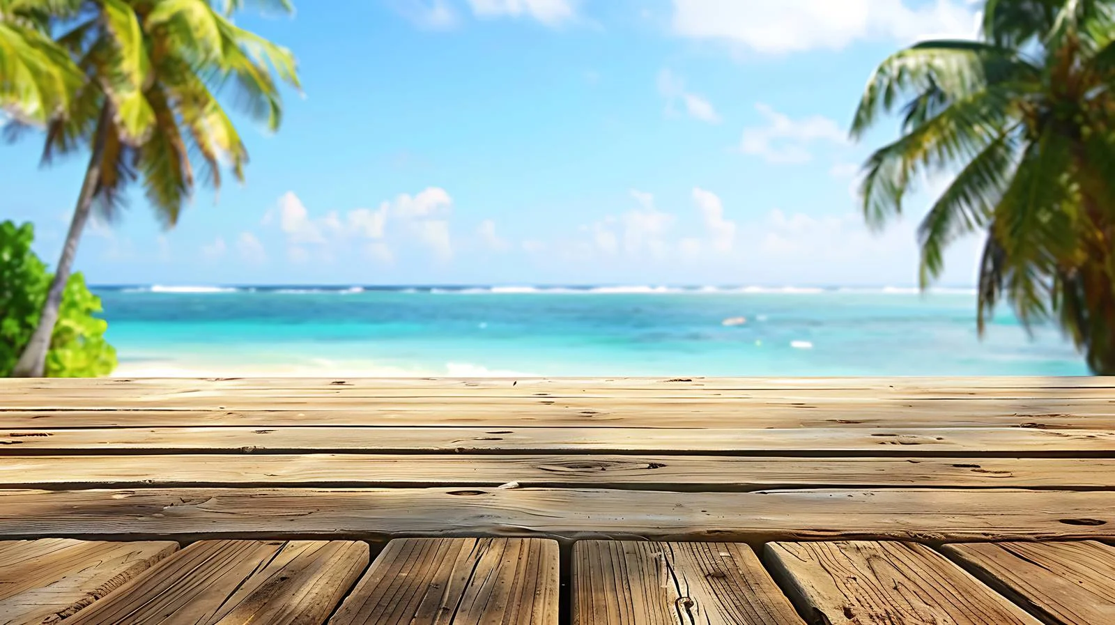 Tropical beach theme on empty wooden table — free download from Dotvec