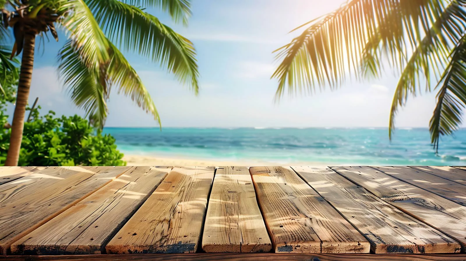 Serene wooden table with beach backdrop — free download from Dotvec