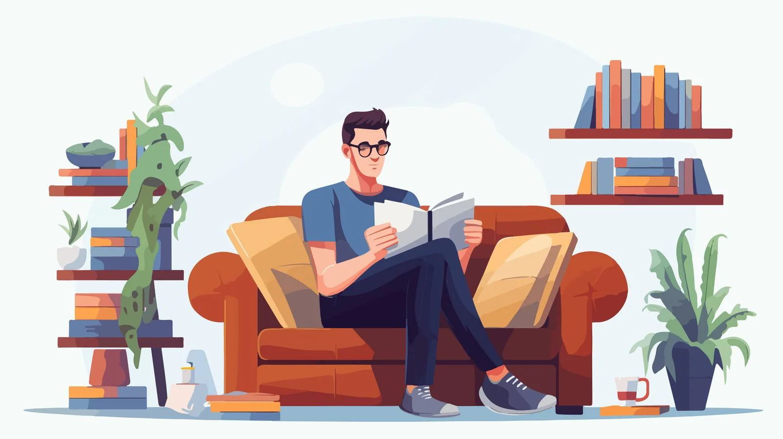 Joyful man reading on sofa illustration — free download from Dotvec