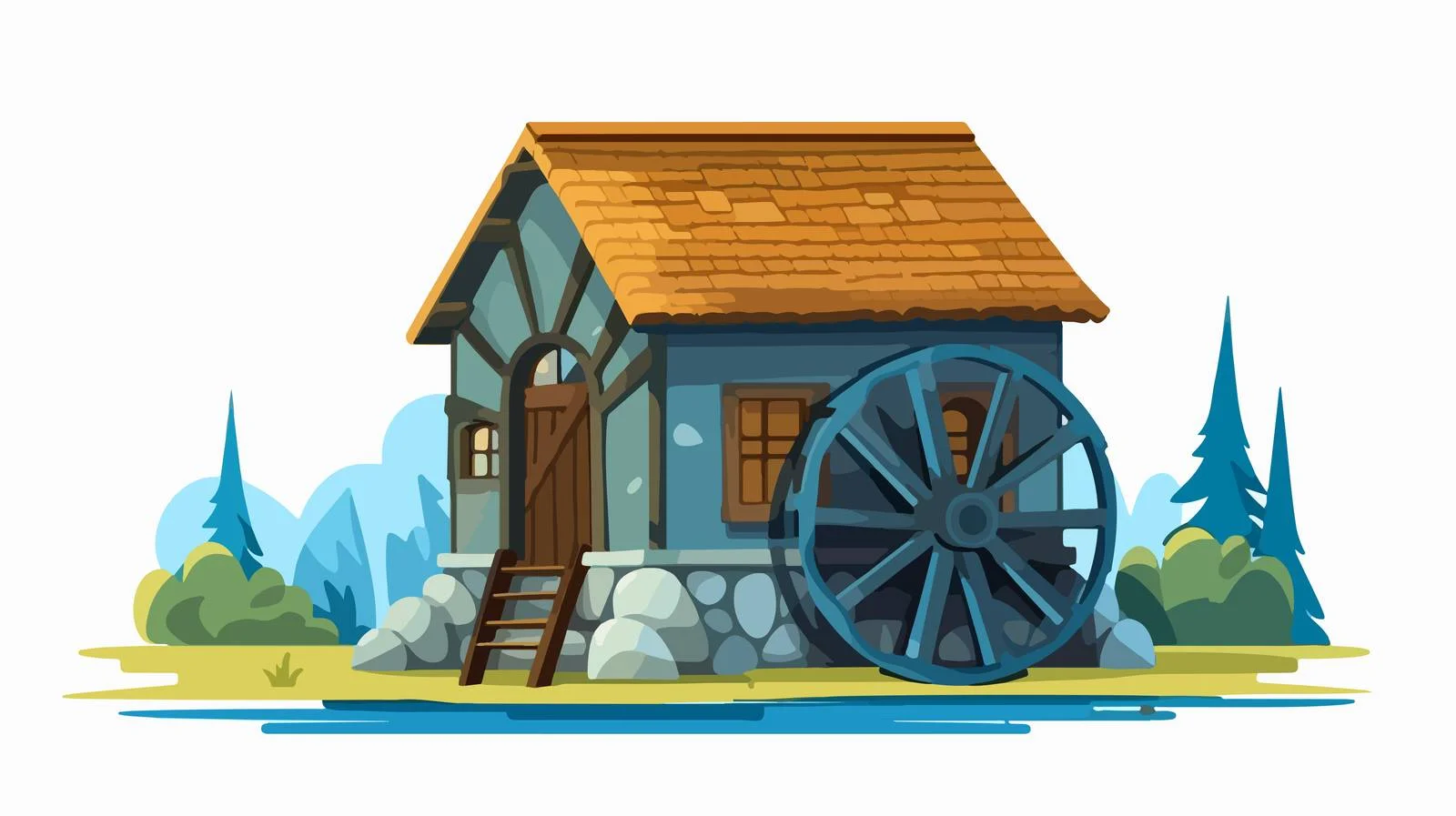 Historic watermill facade with spinning wheel — free download from Dotvec