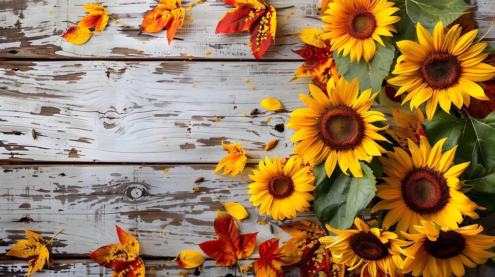 Sunflower Fall Border on Grunge Wood — free download from Dotvec