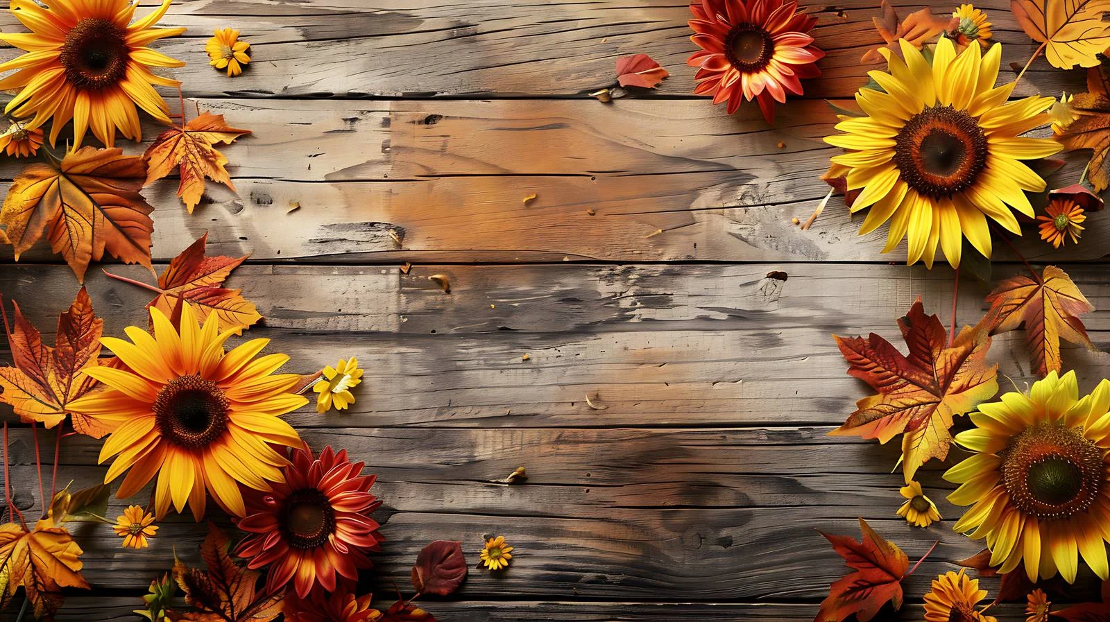 Autumn Sunflower Border on Textured Wood — free download from Dotvec