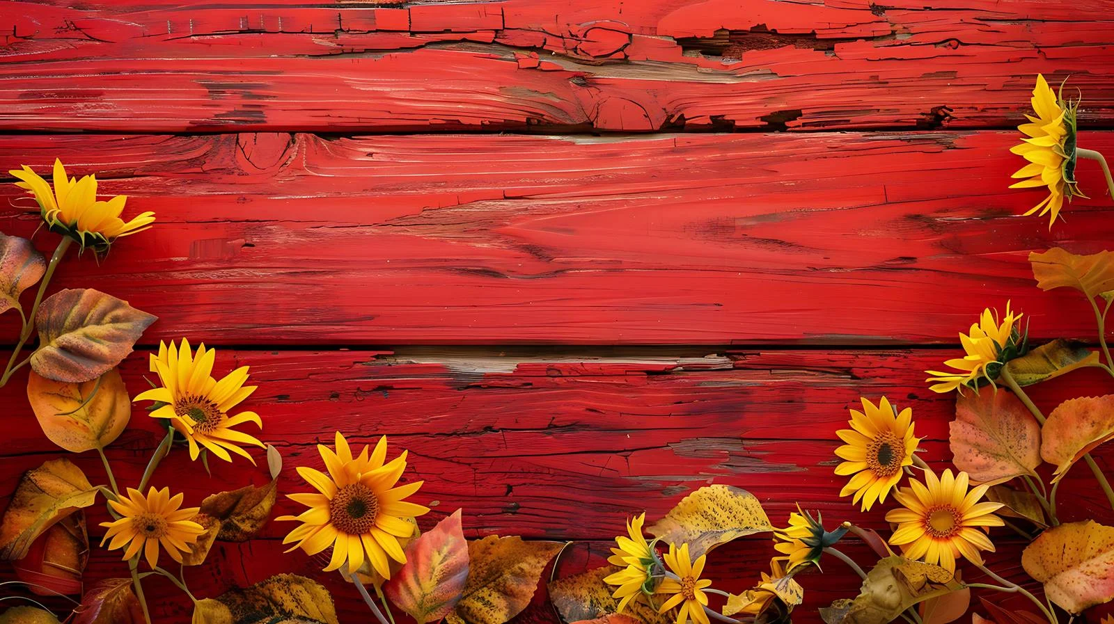 Autumn Sunflower Border on Red Wood — free download from Dotvec
