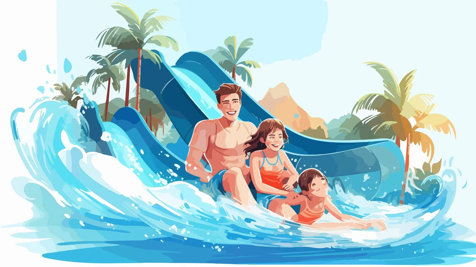 Joyful family at aqua park, child sliding — free download from Dotvec