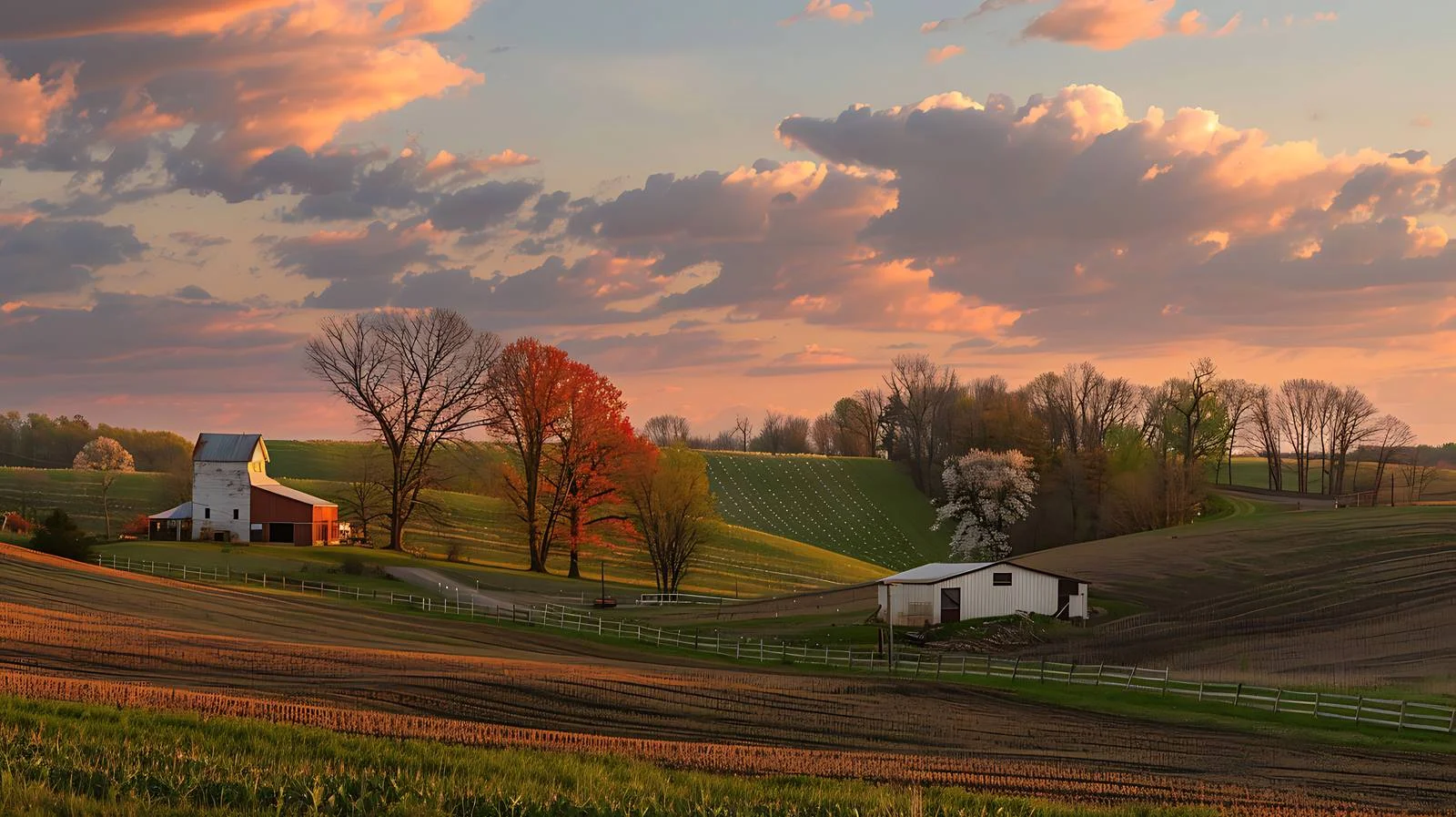 Northeastern Sunset Over Farm Fields Scene — free download from Dotvec